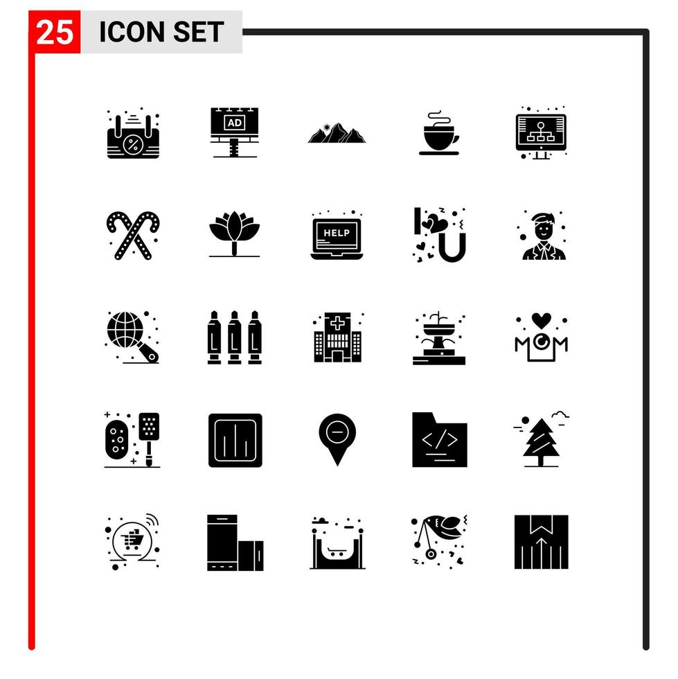 User Interface Pack of 25 Basic Solid Glyphs of hosting cup hill hot sun Editable Vector Design Elements