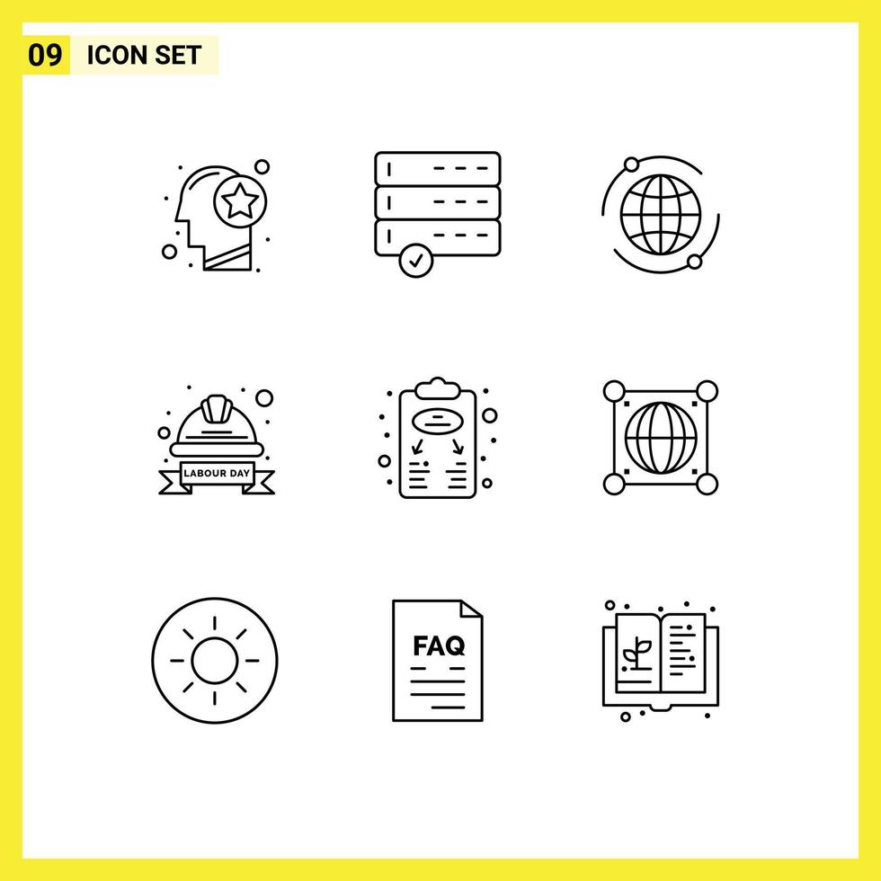 9 User Interface Outline Pack of modern Signs and Symbols of business strategy labour badge world helmet hard Editable Vector Design Elements