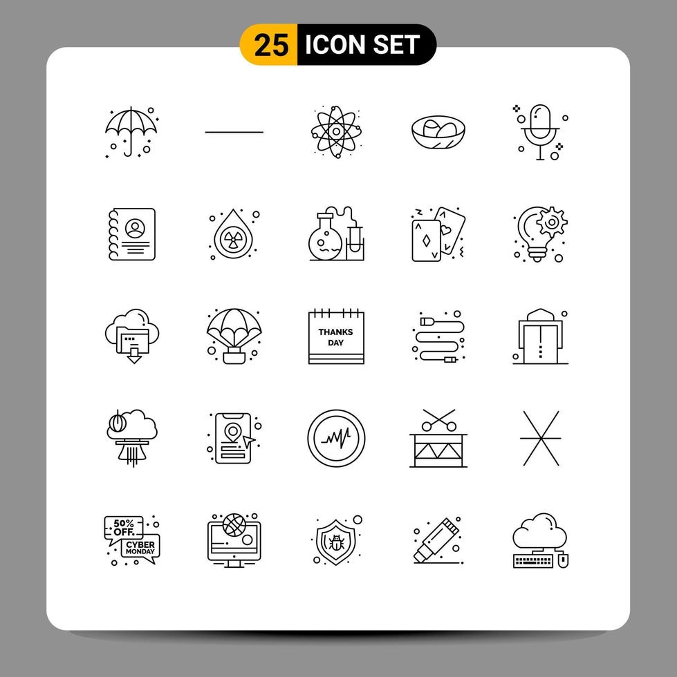 Set of 25 Commercial Lines pack for microphone audio power nest easter Editable Vector Design Elements