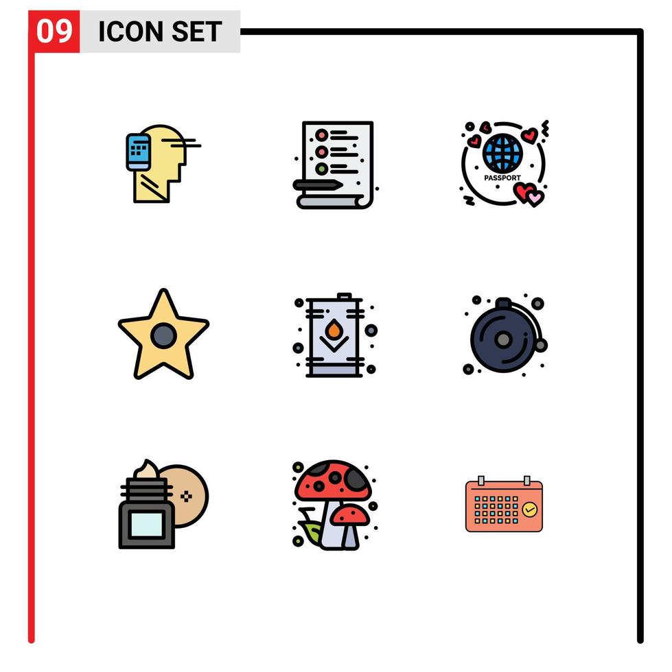 Modern Set of 9 Filledline Flat Colors Pictograph of energy can honeymoon star bookmark Editable Vector Design Elements