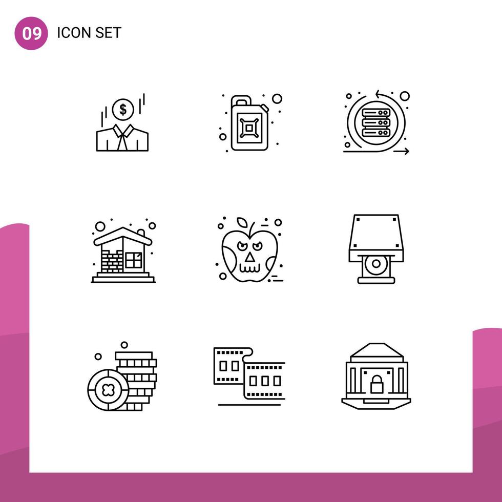 Pictogram Set of 9 Simple Outlines of apple home iteration construction brick wall Editable Vector Design Elements