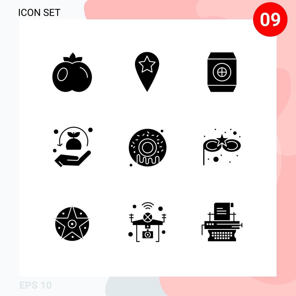 Set of 9 Vector Solid Glyphs on Grid for costume mask donut soft sweet safe Editable Vector Design Elements