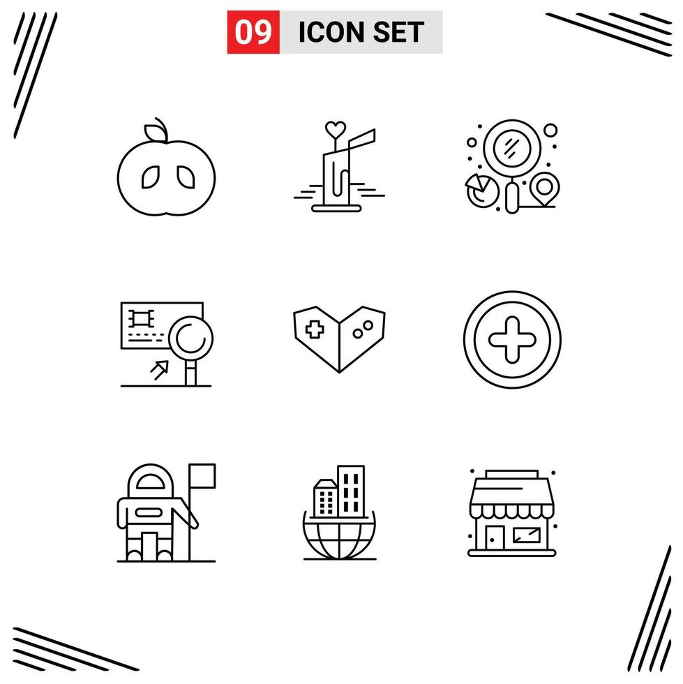 9 Universal Outlines Set for Web and Mobile Applications gamepad detection graph card analysis Editable Vector Design Elements