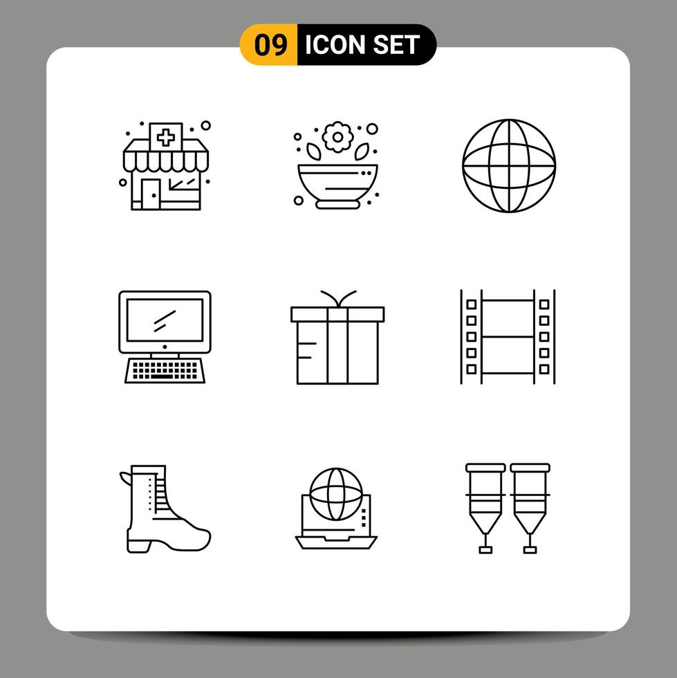 paquete de iconos de vector de stock de 9 signos y símbolos de línea para elementos de diseño de vector editables de dispositivo de pc de Internet de caja de regalo