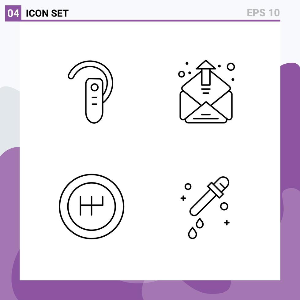 4 iconos creativos, signos y símbolos modernos de accesorios, cambio de marchas, auriculares, cuentagotas de correo electrónico, elementos de diseño vectorial editables vector