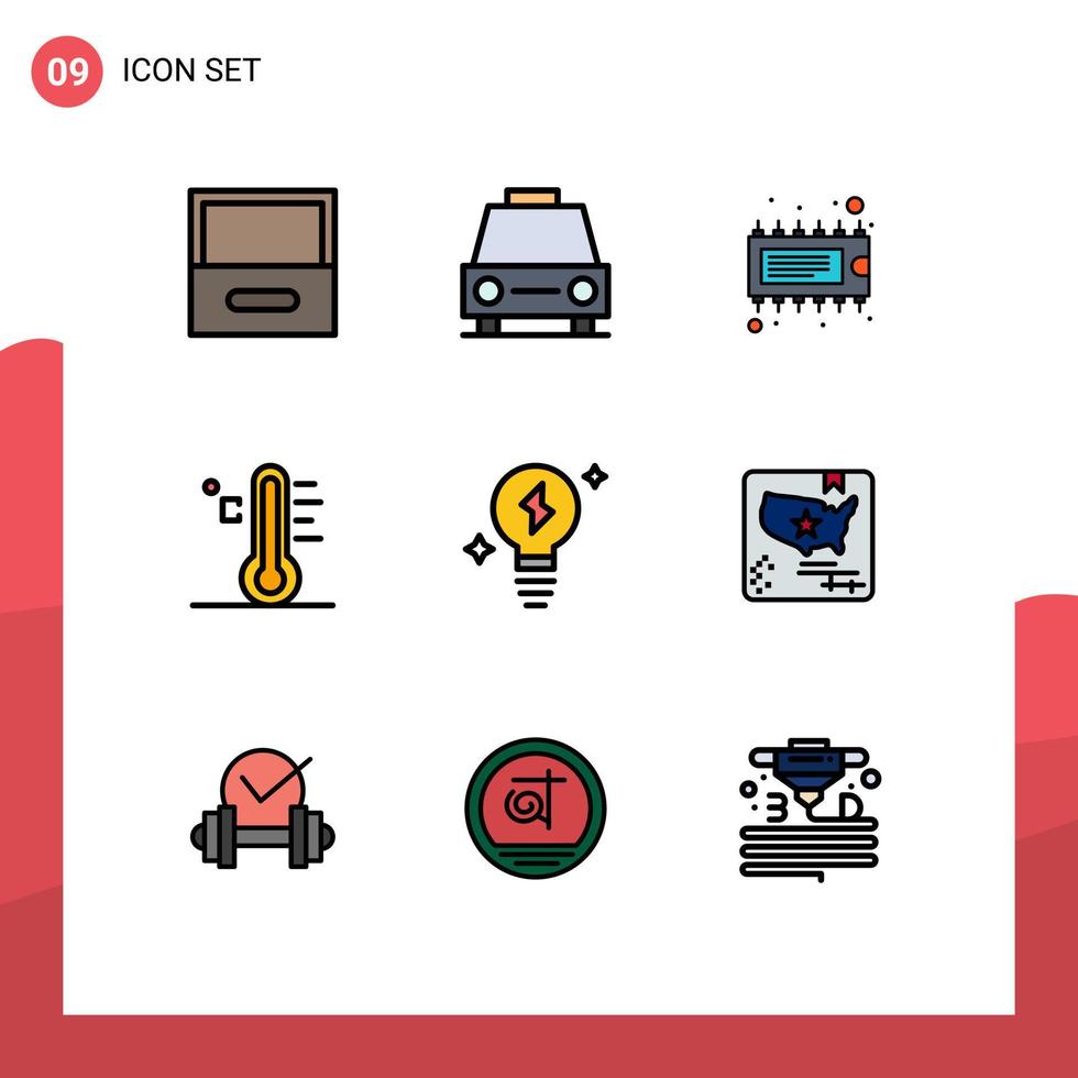 9 Thematic Vector Filledline Flat Colors and Editable Symbols of bulb sun component rainy cloud Editable Vector Design Elements