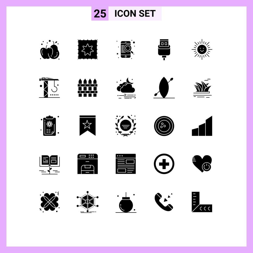 Set of 25 Vector Solid Glyphs on Grid for industry sun online shinning usb Editable Vector Design Elements