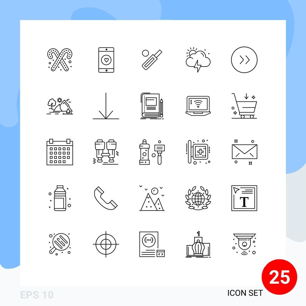 Set of 25 Modern UI Icons Symbols Signs for arrows weather heart storm cricket Editable Vector Design Elements