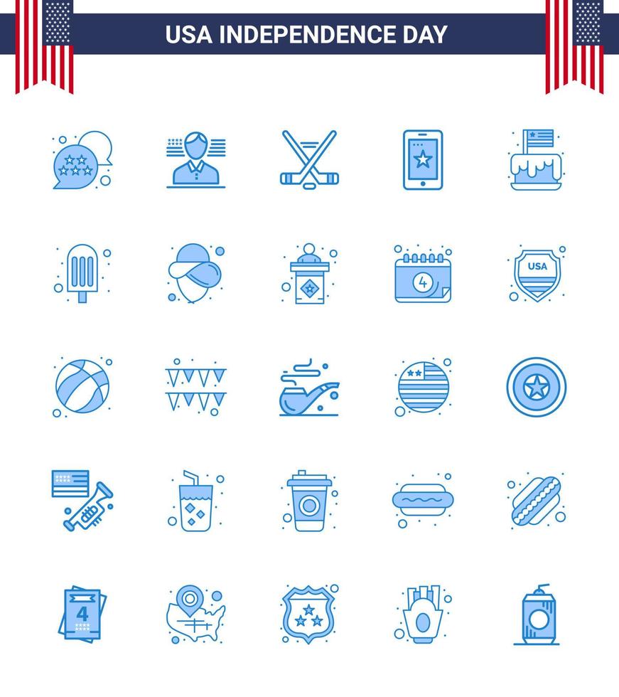 Modern Set of 25 Blues and symbols on USA Independence Day such as independence festival ice sport ireland phone Editable USA Day Vector Design Elements