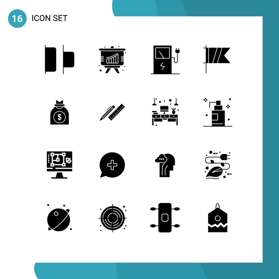 Group of 16 Modern Solid Glyphs Set for pen venture station money flag Editable Vector Design Elements