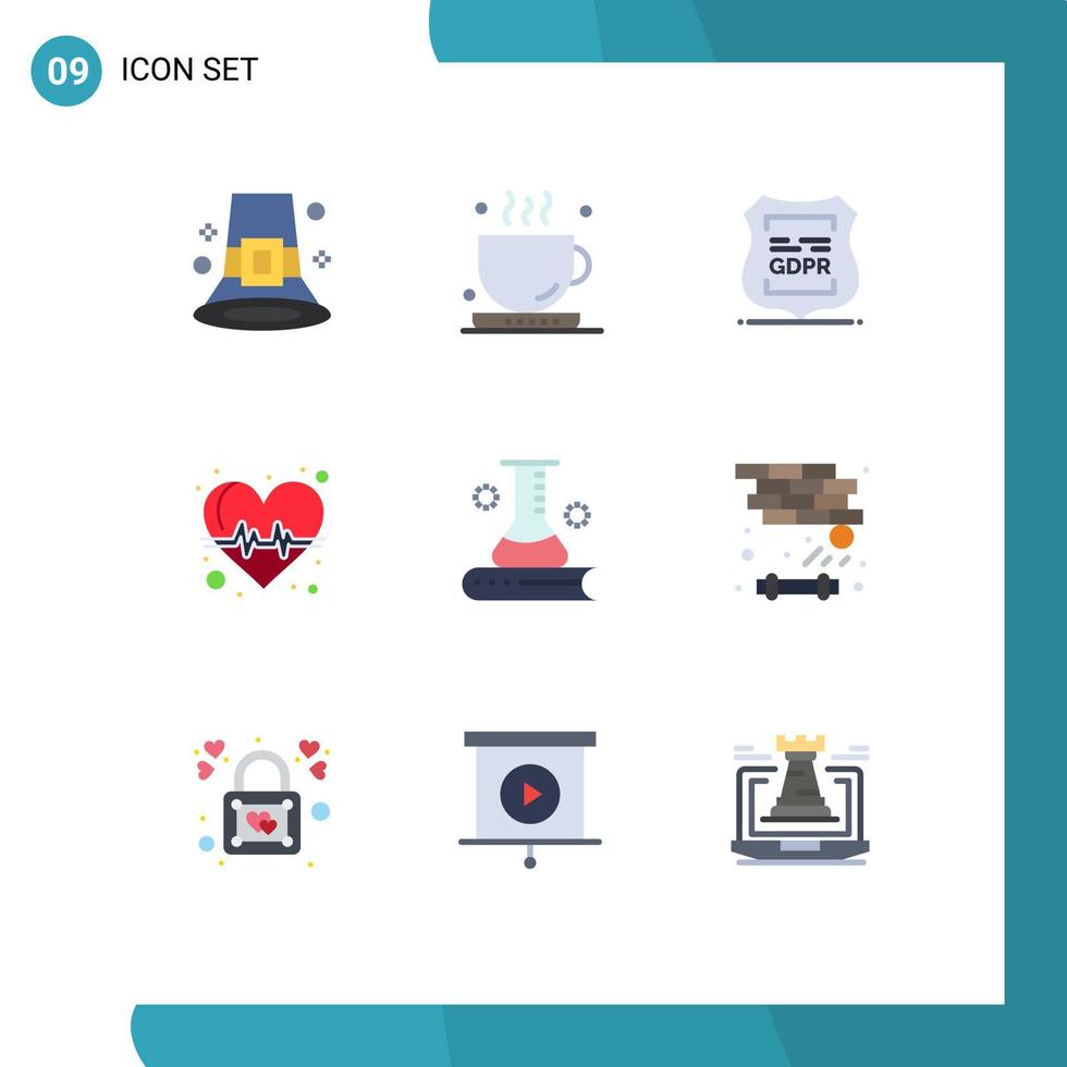 User Interface Pack of 9 Basic Flat Colors of health care heart tea beat privacy Editable Vector Design Elements