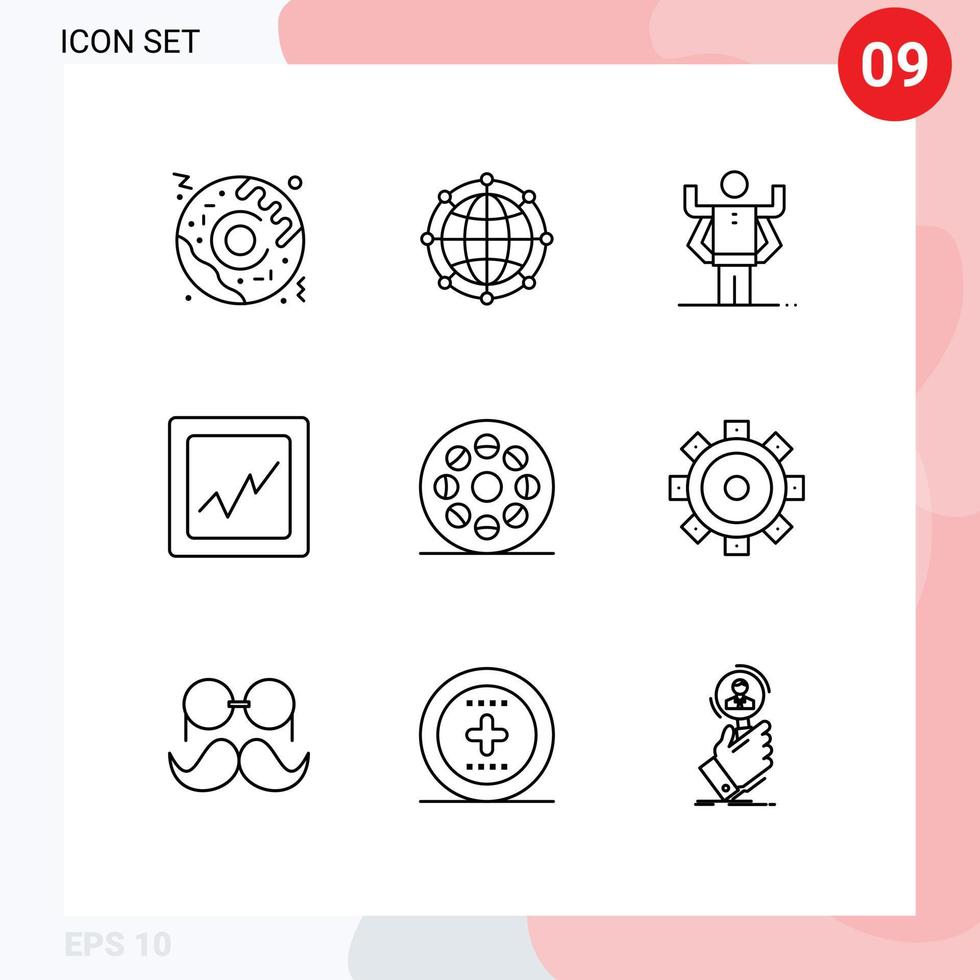 User Interface Pack of 9 Basic Outlines of video movie ability media analytics Editable Vector Design Elements