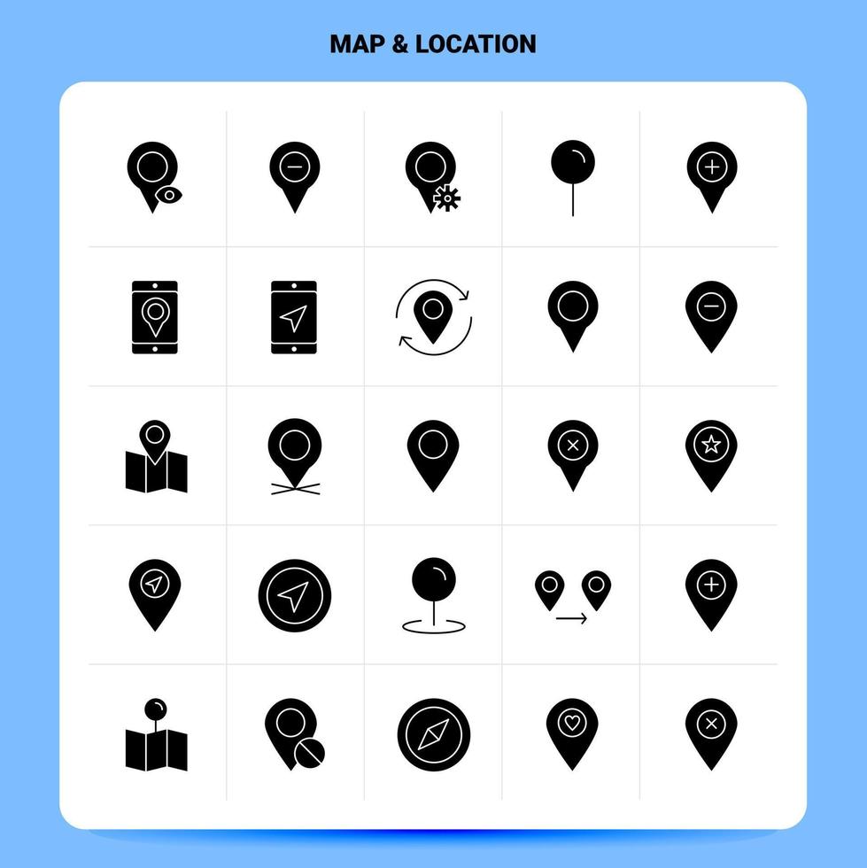 Solid 25 Map  Location Icon set Vector Glyph Style Design Black Icons Set Web and Mobile Business ideas design Vector Illustration