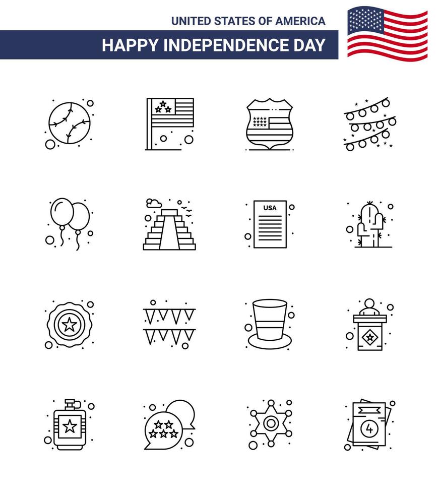 Modern Set of 16 Lines and symbols on USA Independence Day such as day balloons shield party bulb buntings Editable USA Day Vector Design Elements