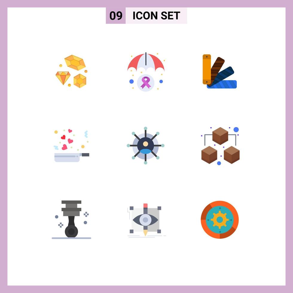 Group of 9 Flat Colors Signs and Symbols for networking romance color love cooking Editable Vector Design Elements