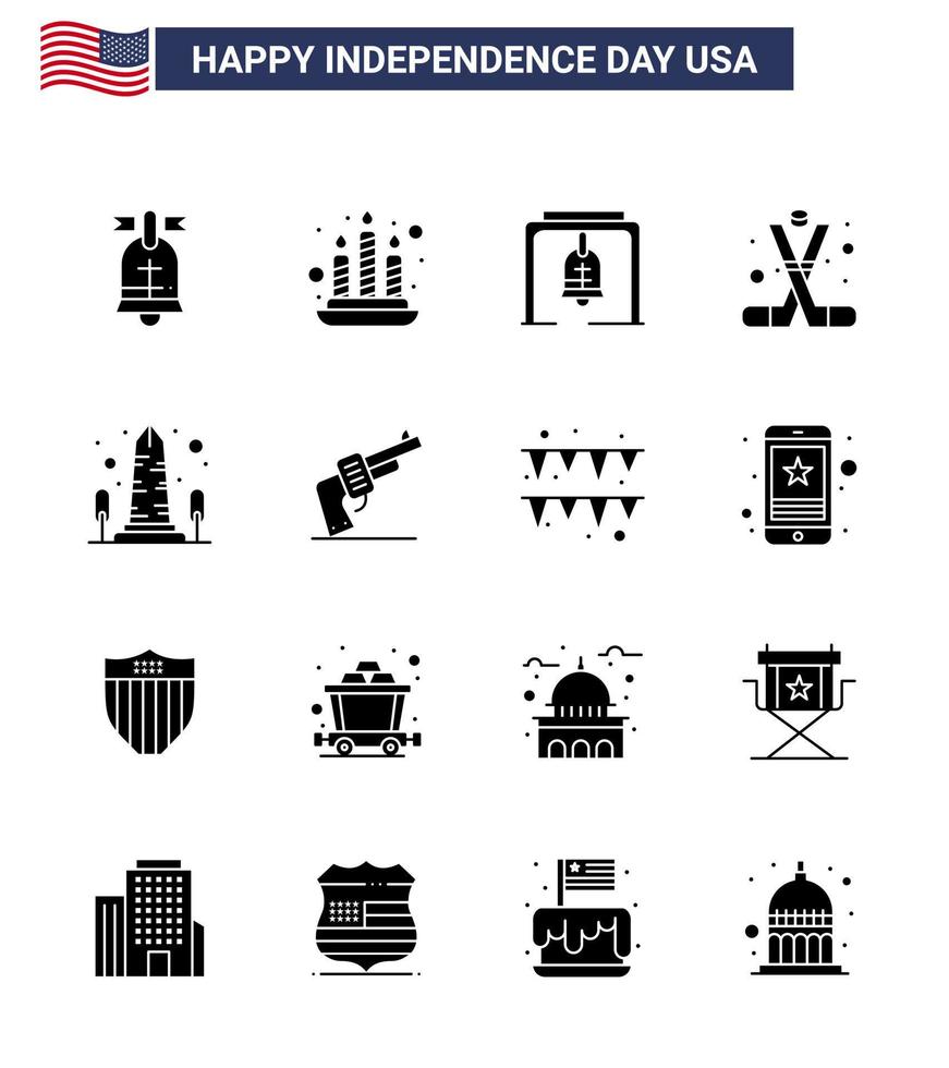 Big Pack of 16 USA Happy Independence Day USA Vector Solid Glyphs and Editable Symbols of monument america bell american ice hockey Editable USA Day Vector Design Elements