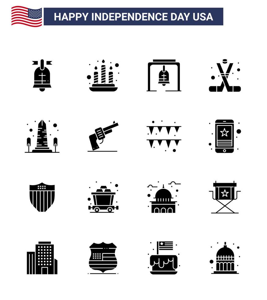 paquete grande de 16 estados unidos feliz día de la independencia usa vector glifos sólidos y símbolos editables de monumento américa campana hockey sobre hielo americano editable usa día vector elementos de diseño