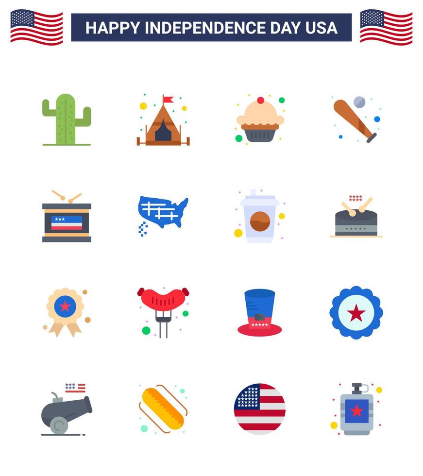 Set of 16 USA Day Icons American Symbols Independence Day Signs for independece drum dessert usa bat Editable USA Day Vector Design Elements