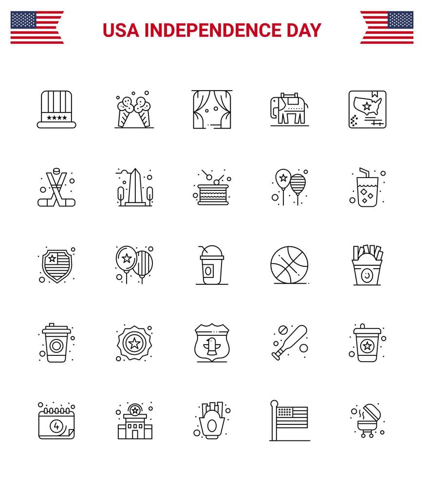 Happy Independence Day 25 Lines Icon Pack for Web and Print map american entertainment usa elephent Editable USA Day Vector Design Elements