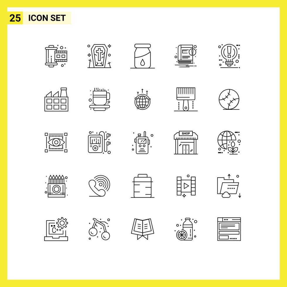 paquete de 25 líneas modernas, signos y símbolos para medios de impresión web, como notificación de botellas de bombillas, elementos de diseño de vectores editables de libros electrónicos