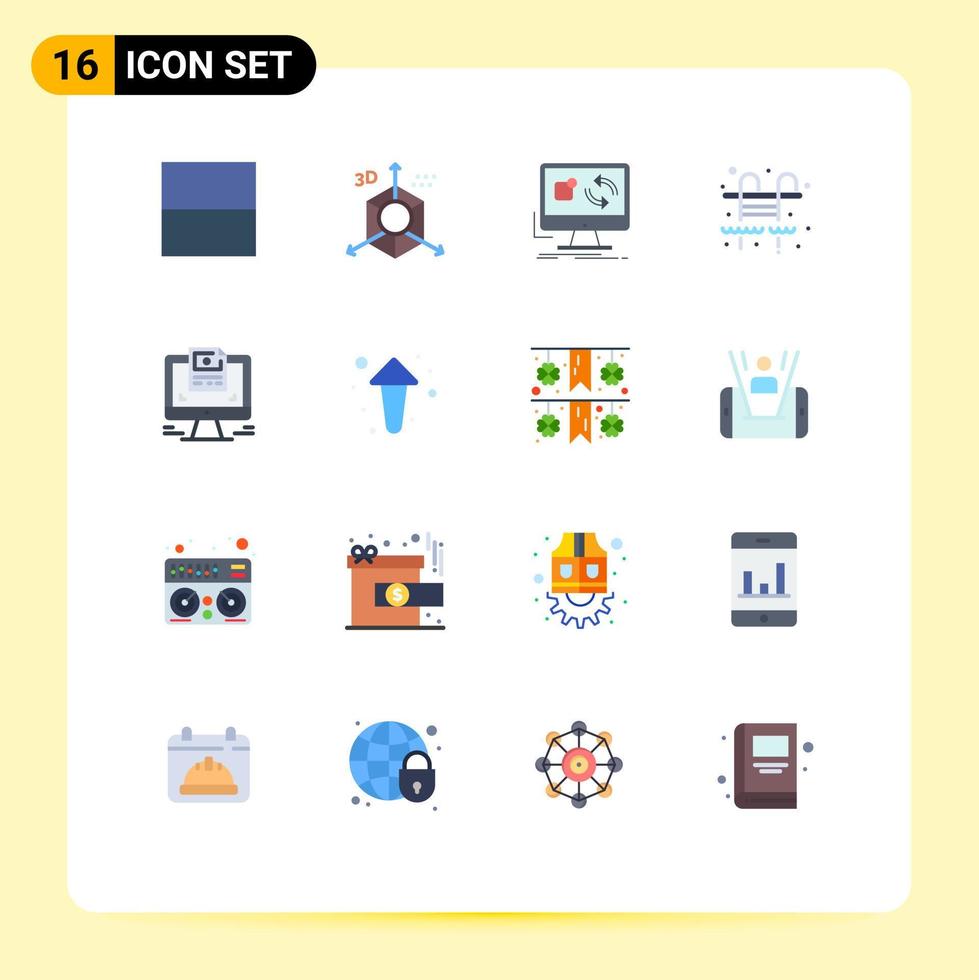 Group of 16 Flat Colors Signs and Symbols for computer swimming pool update life sync Editable Pack of Creative Vector Design Elements