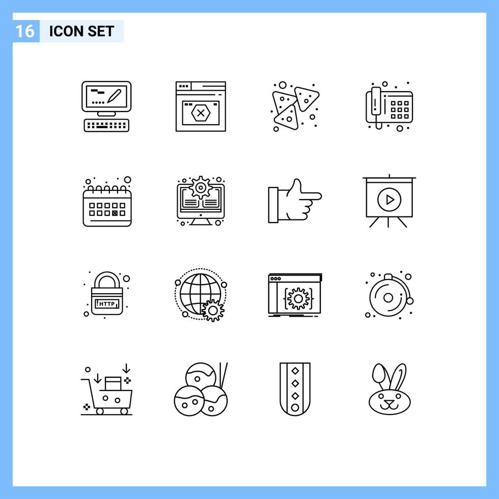 Modern Set of 16 Outlines Pictograph of planning calendar chips telephone communication Editable Vector Design Elements