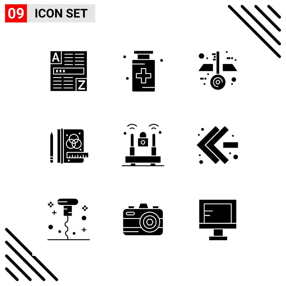 conjunto perfecto de píxeles de 9 iconos sólidos conjunto de iconos de glifo para el diseño de sitios web y la interfaz de aplicaciones móviles fondo de vector de icono negro creativo