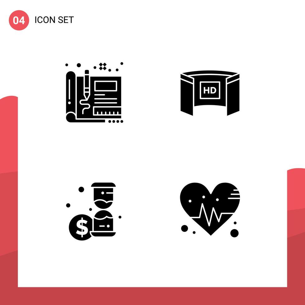 Modern Set of 4 Solid Glyphs and symbols such as blueprint hd sketch display money Editable Vector Design Elements