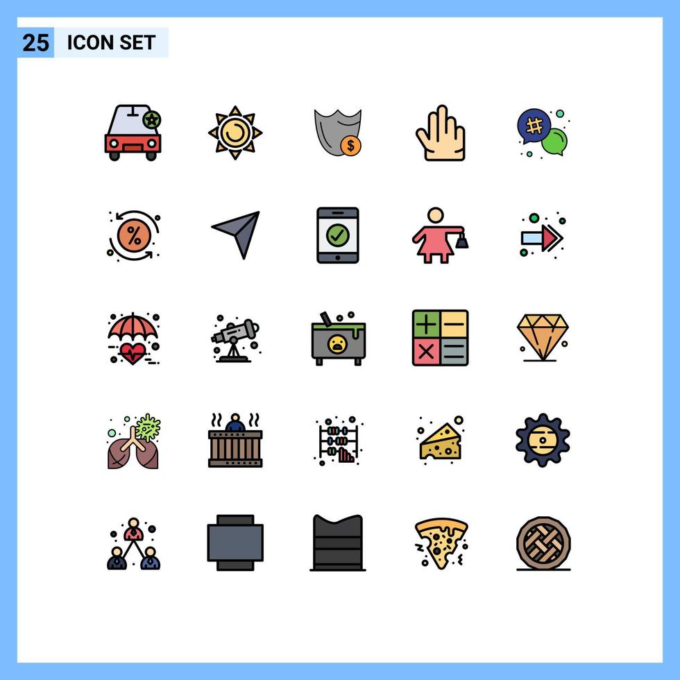 Group of 25 Filled line Flat Colors Signs and Symbols for number three guard hand dollar Editable Vector Design Elements