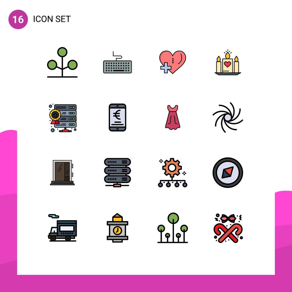 conjunto moderno de 16 líneas y símbolos rellenos de colores planos, como servidores, bodas, corazón, velas, elementos de diseño de vectores creativos editables