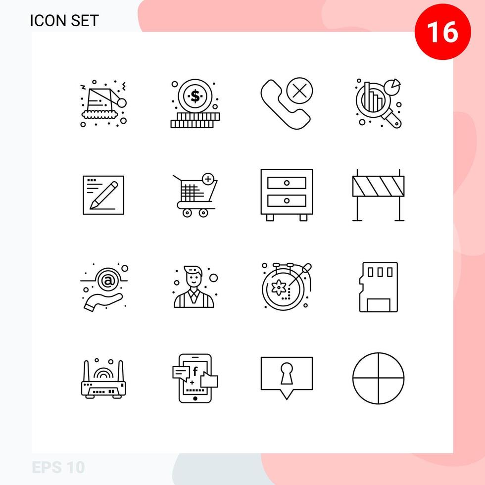 Pictogram Set of 16 Simple Outlines of text browser contact information analysis chart analysis Editable Vector Design Elements