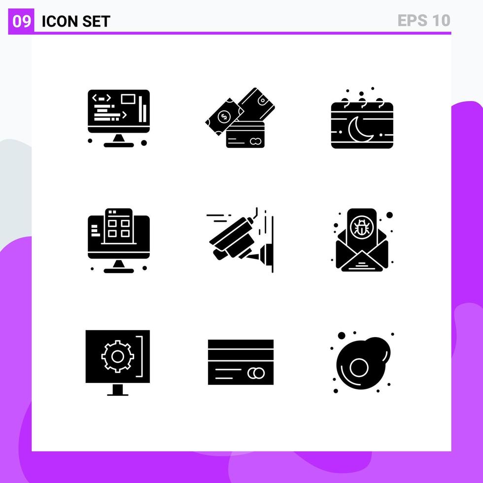Pack of 9 creative Solid Glyphs of app web page wallet development month Editable Vector Design Elements