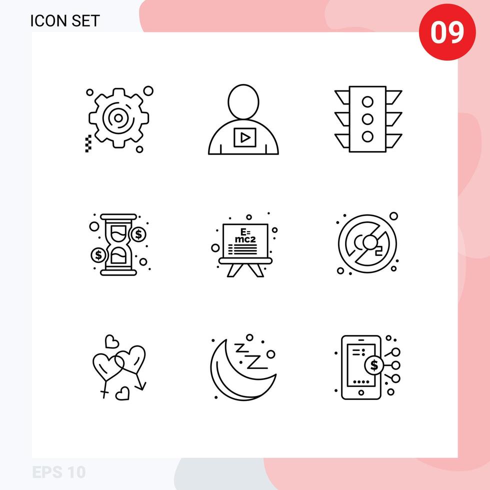 Pictogram Set of 9 Simple Outlines of board loading light hour rule Editable Vector Design Elements
