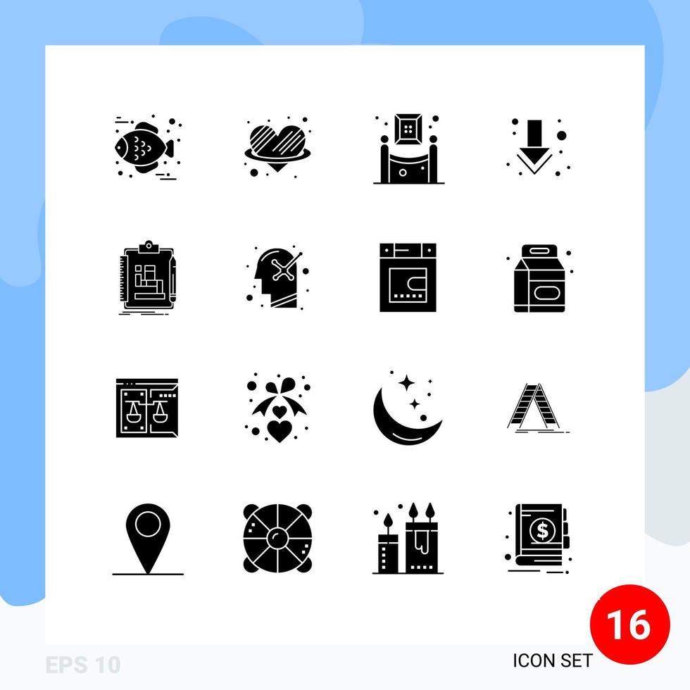 Set of 16 Commercial Solid Glyphs pack for work process exhibition algorithm down Editable Vector Design Elements
