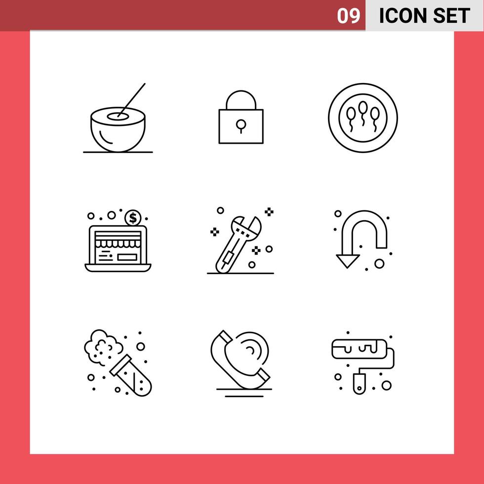 conjunto de pictogramas de 9 contornos simples de construcción de espermatozoides de herramientas de flecha elementos de diseño de vectores editables en línea