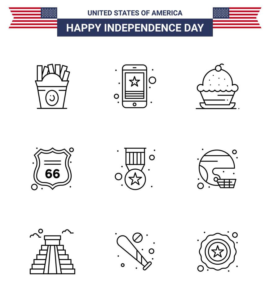 USA Independence Day Line Set of 9 USA Pictograms of american shield phone security sweet Editable USA Day Vector Design Elements