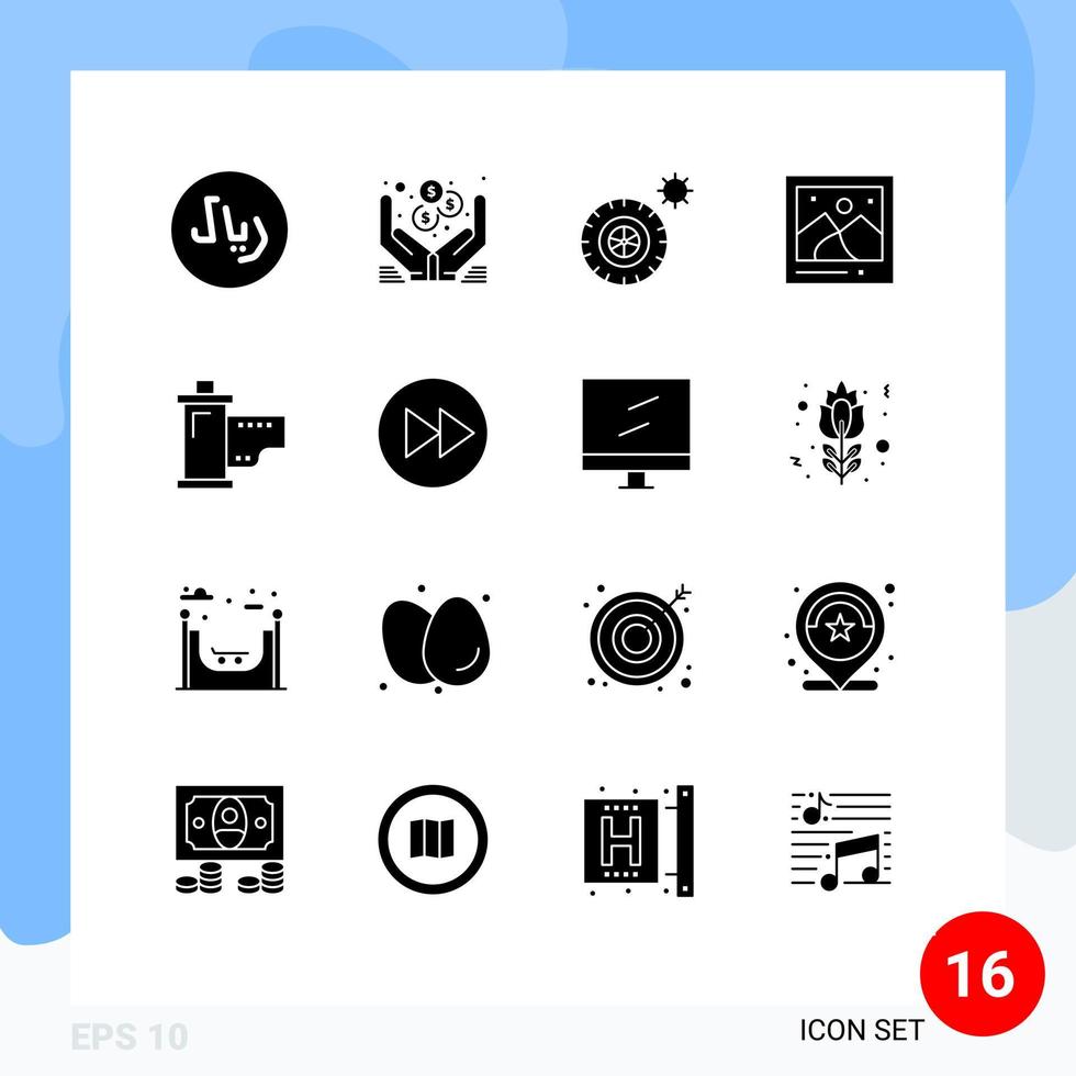 User Interface Pack of 16 Basic Solid Glyphs of hollywood devices tires cinema photo Editable Vector Design Elements