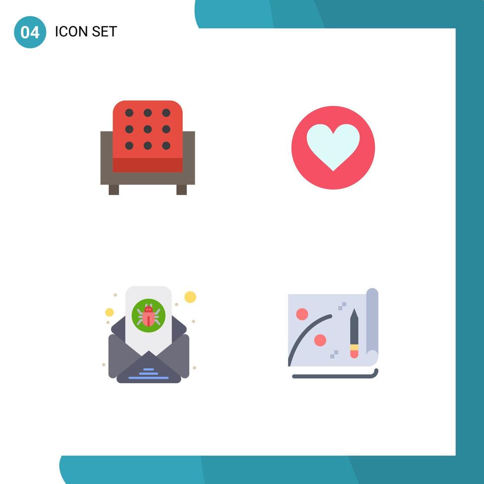 Modern Set of 4 Flat Icons Pictograph of furniture email sofa favorite letter Editable Vector Design Elements
