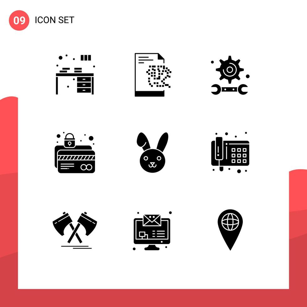 Mobile Interface Solid Glyph Set of 9 Pictograms of bynny lock academy card security atm card Editable Vector Design Elements