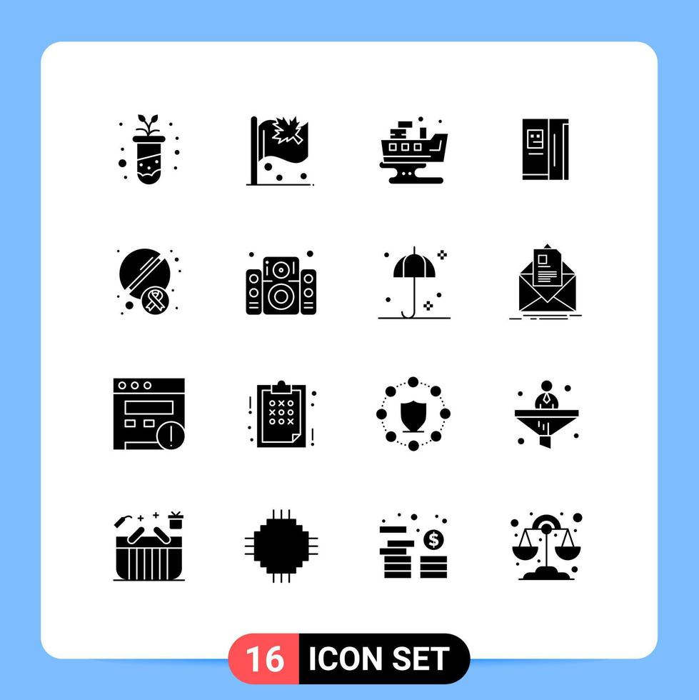 Solid Glyph Pack of 16 Universal Symbols of tablet freezer leaked cooling fridge Editable Vector Design Elements