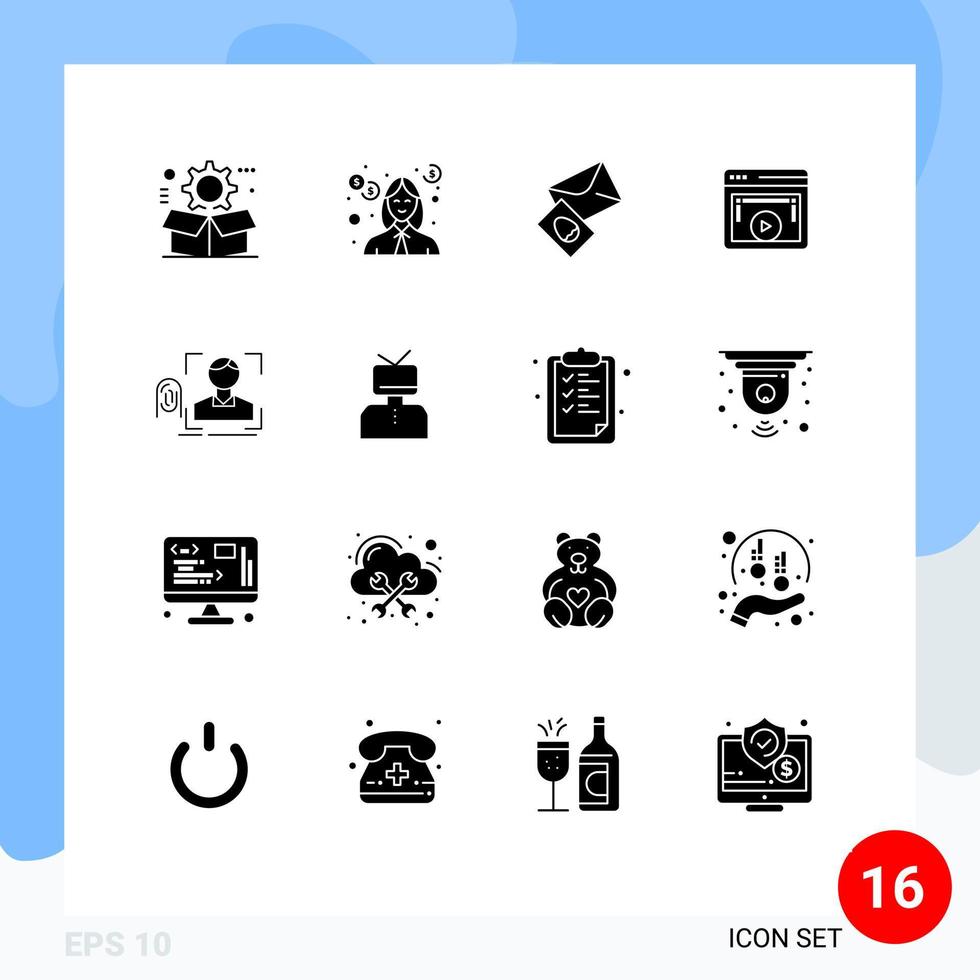 16 User Interface Solid Glyph Pack of modern Signs and Symbols of video display money page egg Editable Vector Design Elements