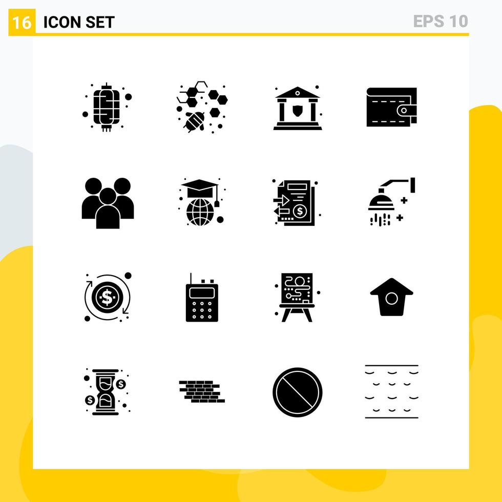 Solid Glyph Pack of 16 Universal Symbols of organization group insurance employee money Editable Vector Design Elements