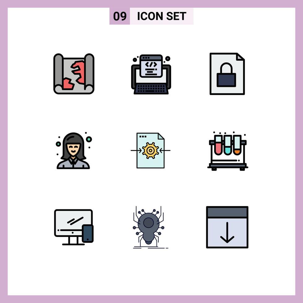 User Interface Pack of 9 Basic Filledline Flat Colors of setting file document woman girl Editable Vector Design Elements