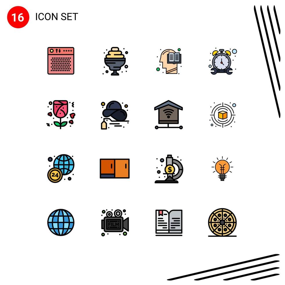 Flat Color Filled Line Pack of 16 Universal Symbols of gift watch book timer mind Editable Creative Vector Design Elements