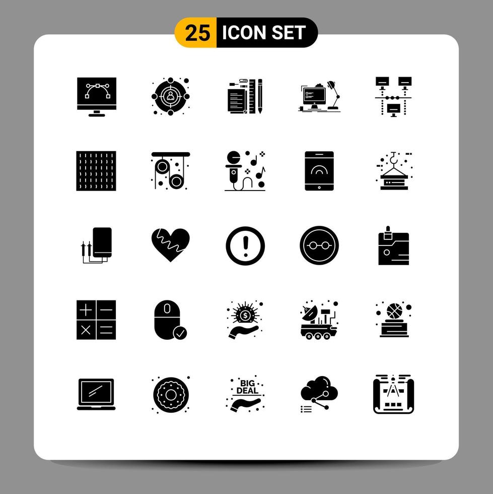 Pack of 25 Modern Solid Glyphs Signs and Symbols for Web Print Media such as computer office stationary workstation pin Editable Vector Design Elements