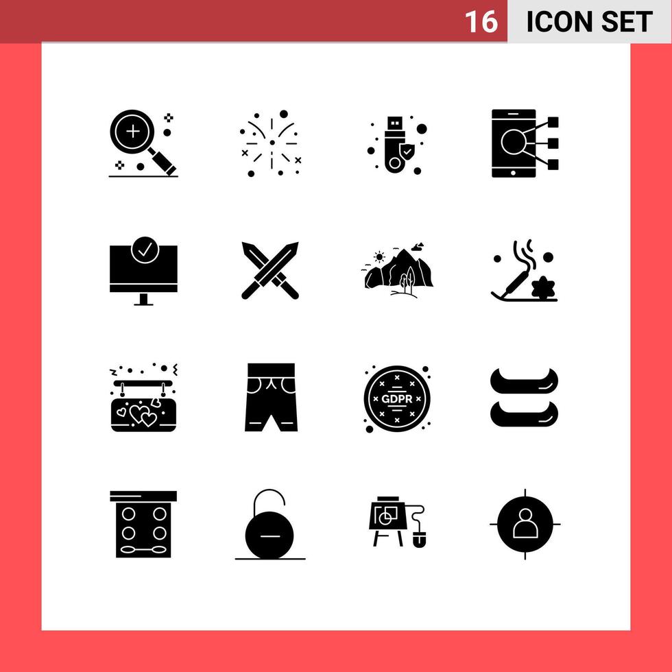 16 User Interface Solid Glyph Pack of modern Signs and Symbols of computers phone security mobile connect Editable Vector Design Elements