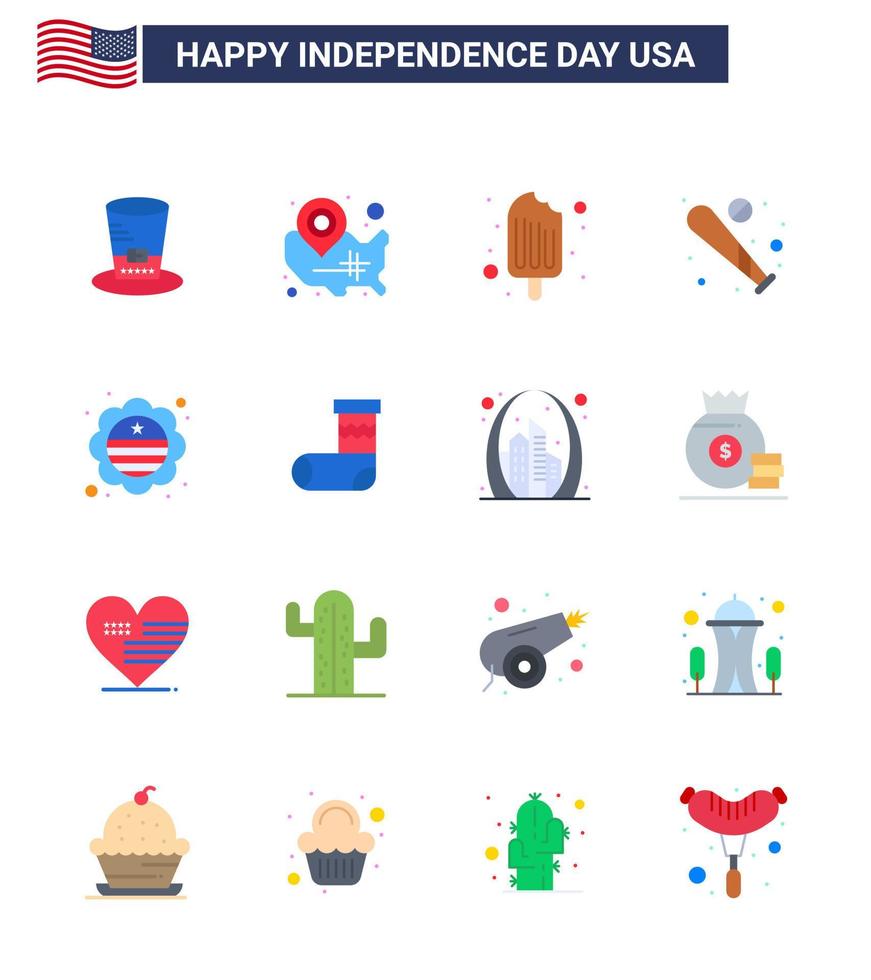 16 Creative USA Icons Modern Independence Signs and 4th July Symbols of usa bat location pin baseball ice cream Editable USA Day Vector Design Elements