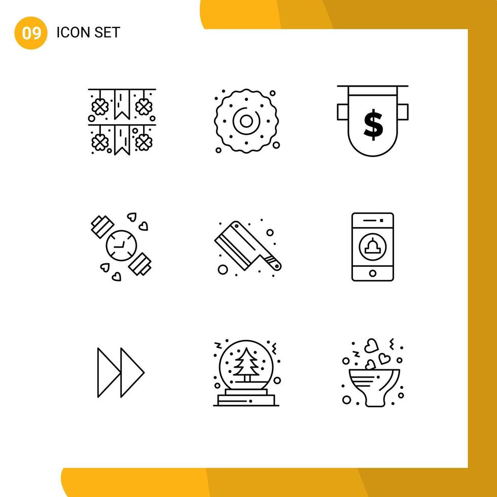 Set of 9 Modern UI Icons Symbols Signs for knife cleaver bank timer watch Editable Vector Design Elements