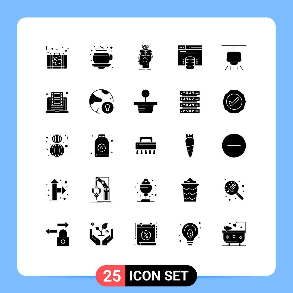 Set of 25 Commercial Solid Glyphs pack for chandelier server sousveillance internet hosting head Editable Vector Design Elements