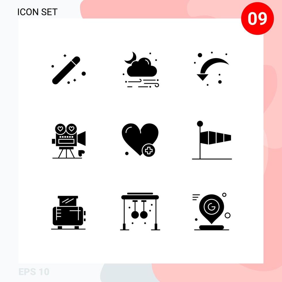 Mobile Interface Solid Glyph Set of 9 Pictograms of valentine video camera weather movie down left Editable Vector Design Elements